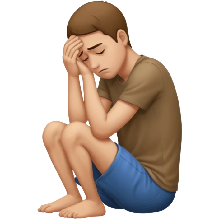 man sitting, depressed, frustrated, head down, sad expression emoji
