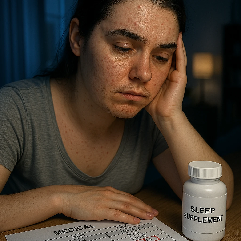hyperrealistic 4K detailed image of a woman with PCOS and high cortisol, face with acne, chin hair, thin hair, exhausted expression, sleep supplements on the table, medical report with cortisol values highlighted in red, nighttime home environment, blue light emoji