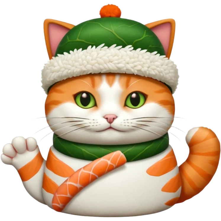 cat with its paws crossed wearing a hat made out of sushi emoji