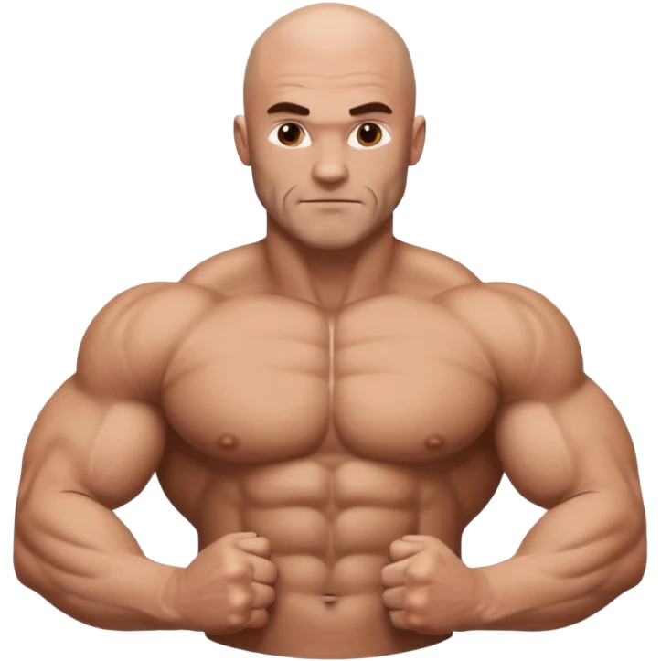 White skin, Shirtless, brown hairy chest, Bodybuilder, big biceps and shoulders. Bald head emoji