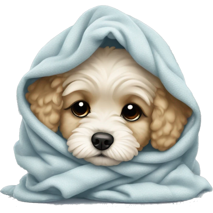 really sad and crying maltipoo puppy in blanket cuddled up emoji
