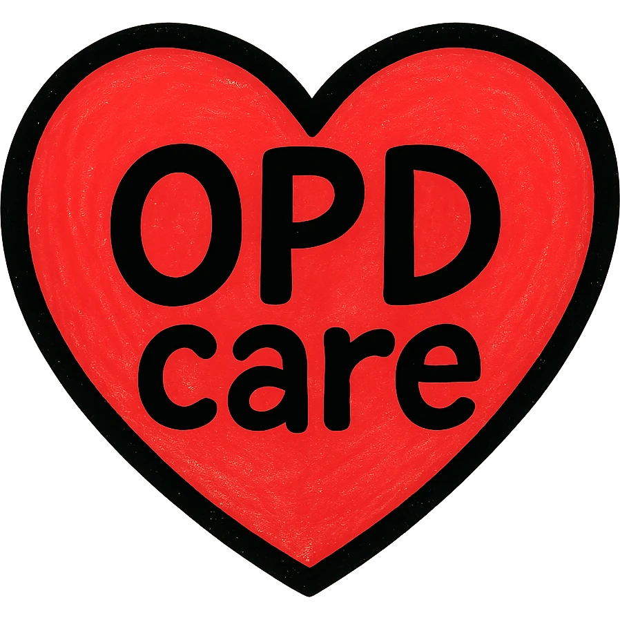 red heart with the text 'OPD care' inside, clear and legible, suitable for a logo or icon emoji