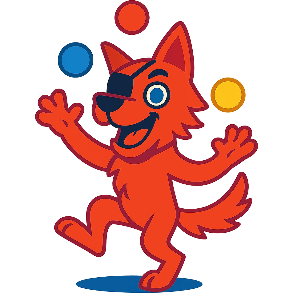 red-furred dog with blue eyes and an eye patch, juggling balls, energetic pose, vibrant cartoon style emoji
