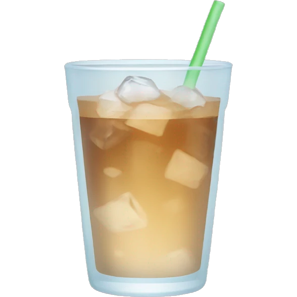 Clear glass cup with light brown drink, ice, and strawemoji emoji