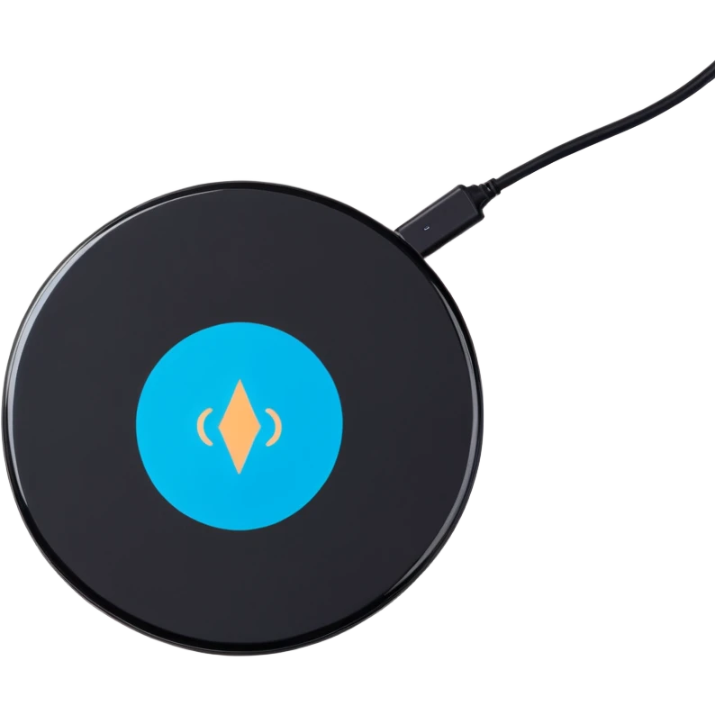 vibrant sticker-style logo on a wireless charging pad, bold and colorful branding gadget emoji