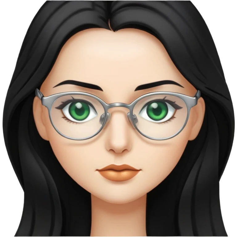 Woman with long, Black hair, Silver Glasses and with green eyes  emoji