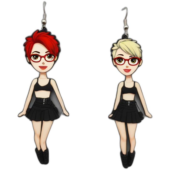 Punk female earrings glasses,red and black short hair, emoji