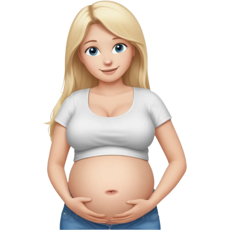 White girl, 18, long blonde hair, blue eyes, white crop top, jeans, huge pregnant belly, big boobs, side view, skinny, bare midriff, smiling emoji