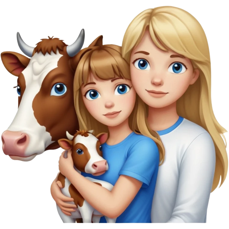 Woman with brown hair long and blonde highlights, bangs in front, blue eyes, white t shirt hugging a cow emoji