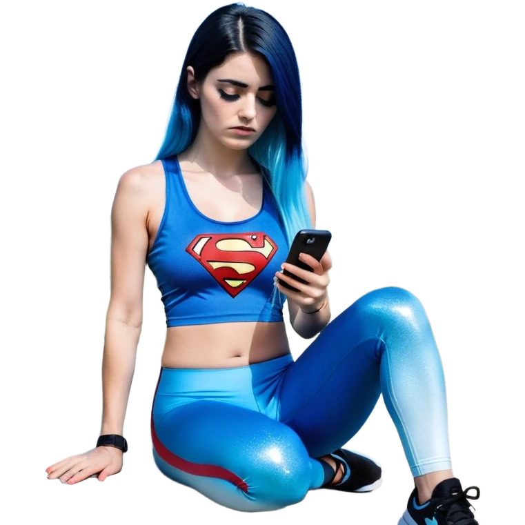 Shameful disappointed crying-very very very very big chest-texting on a samsung cell phone-very long straight flowing black to sky blue hair ombre-blue eyes-black eyeliner-long eyelashes-plastic sparkling sky blue very low cut tank top with sparkling superman logo-black leggings-nike sneakers emoji