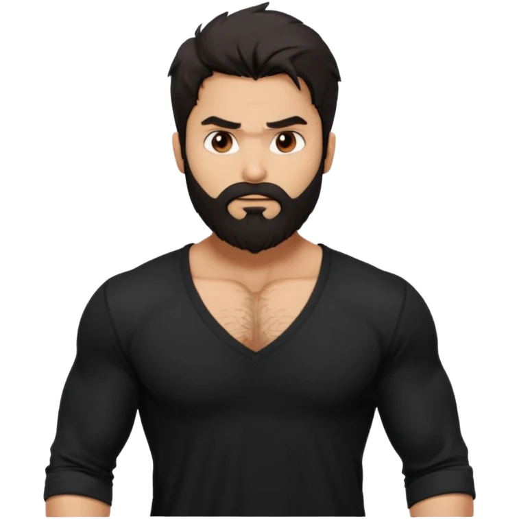 generate a pretty bratz Shahid kapoor with heavy beard and looking angry.
Make him wear a black full sleeve v neck tshirt. muscular but still lean
He shoudl look exactly like Shahid kapoor. Long messy black hair emoji