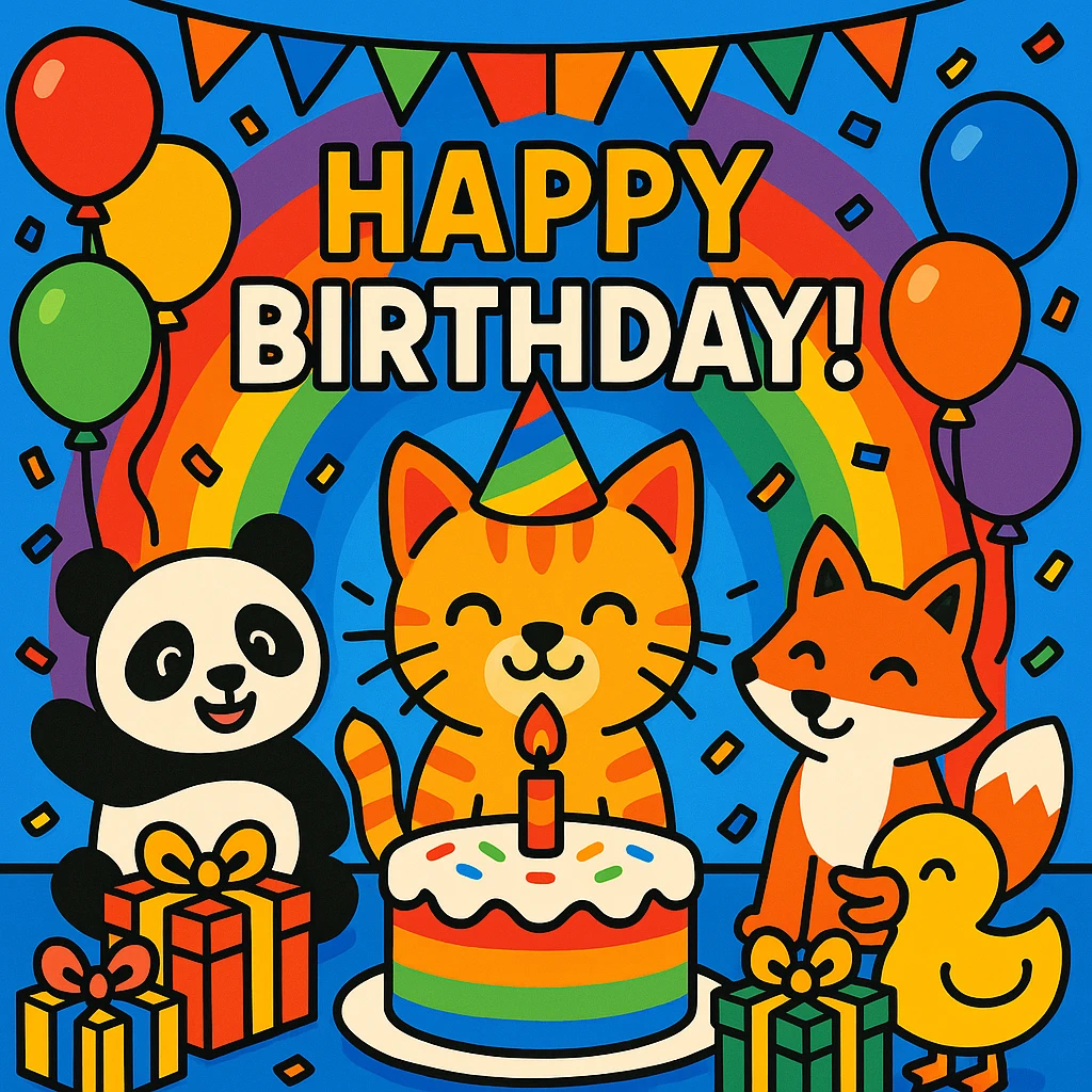 vibrant-toon style birthday party scene with a rainbow color theme including rainbow balloons, multicolored decorations, confetti, a large rainbow birthday cake, gifts, and a festive atmosphere. Main character is a ginger tabby kitten wearing a birthday hat, surrounded by a panda, fox, and duck also celebrating. Prominent 'Happy Birthday!' message included in the scene. emoji