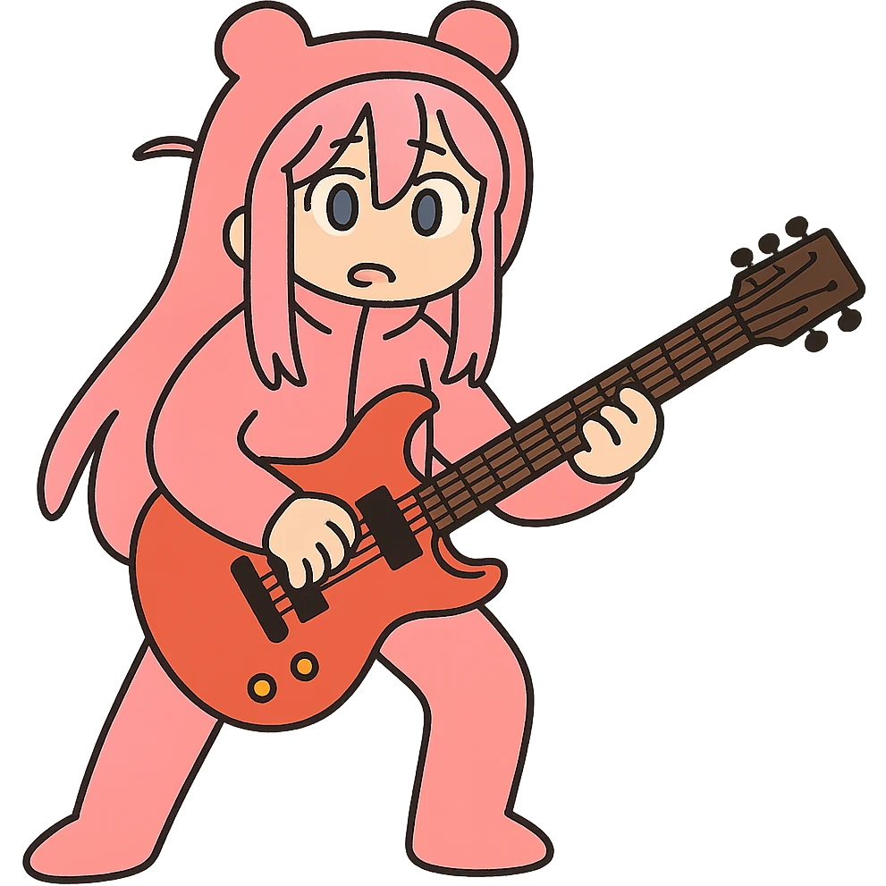 Bocchi the Rock in a pink costume with a guitar emoji
