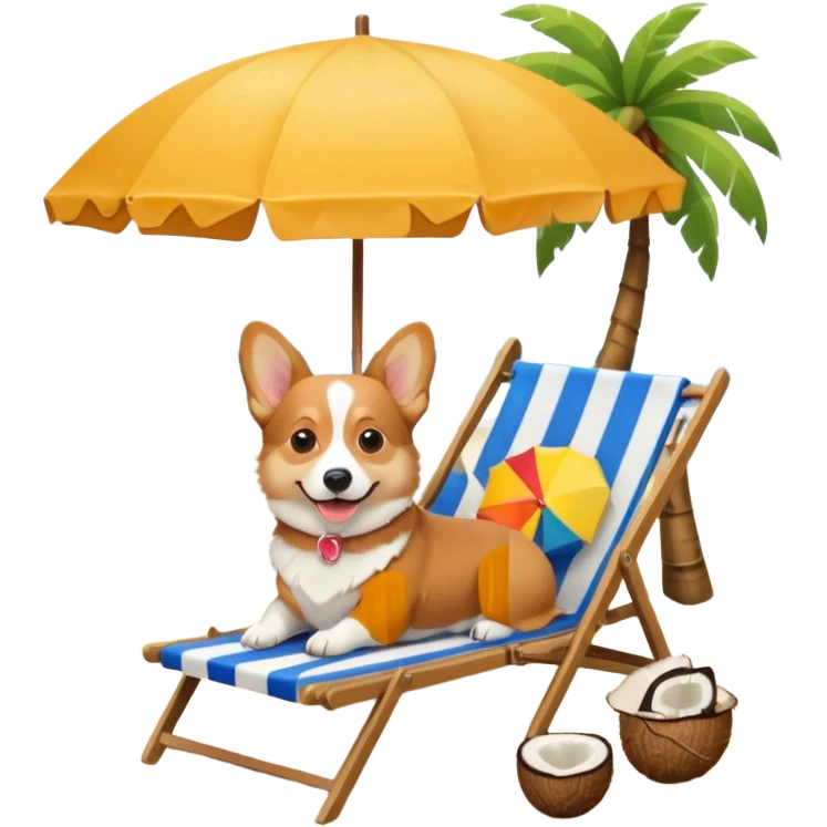 a corgi dog laied on a beach chair, a sunny beach, a sun umbrella, and beach coconut trees. the icon should capture the essence of a relaxing beach vacation with a carefree atmosphere emoji