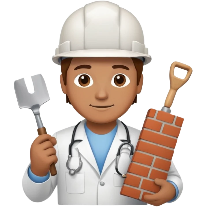 Brick mason wearing a hard hat but in a doctors gown emoji holding a trowel and a brick emoji