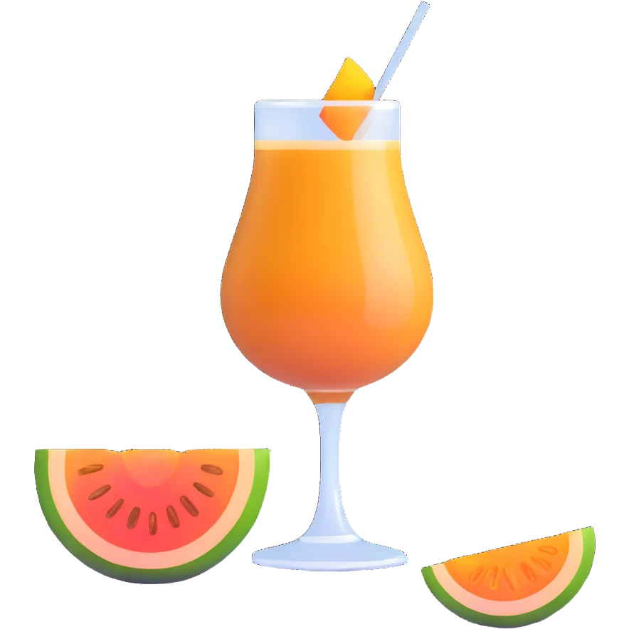 traditional layered carajillo in small clear glass showing golden liquor at bottom and coffee on top, with cantaloupe melon slice beside it emoji