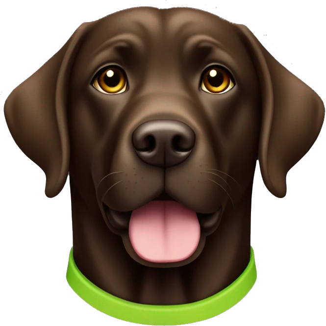 Dark brown chocolate Labrador wearing lime green collar looking straight emoji