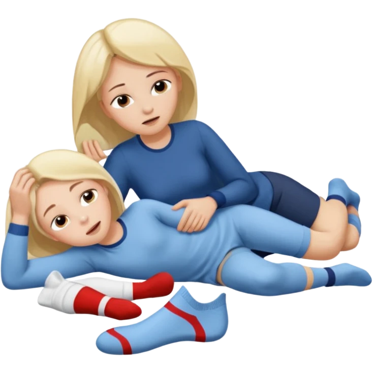 Create an emoji scene where a woman has fainted and is lying down, and a boy is holding his socks near her nose to help bring her back to consciousness. There should be nothing else in the scene.only one boy and girl emoji