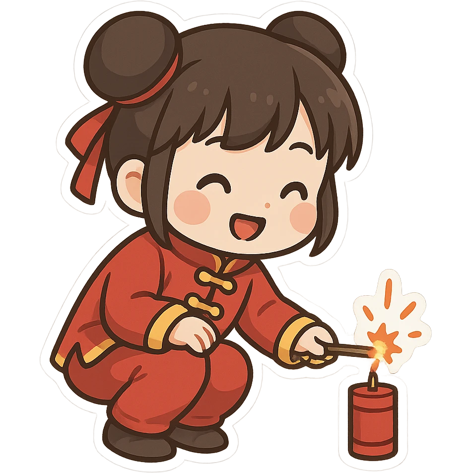 一个可爱的小女孩身穿着新年服装，蹲着点炮竹 emoji