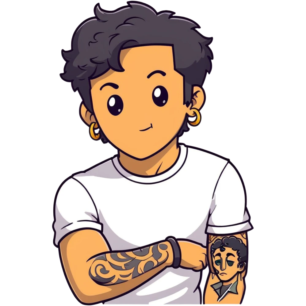 Italian man with tanned skin, curly black hair in short bob style, stubble, olive eyes, gold earring in left ear, white t-shirt, black tattoo on forearm, smoking cigarette emoji