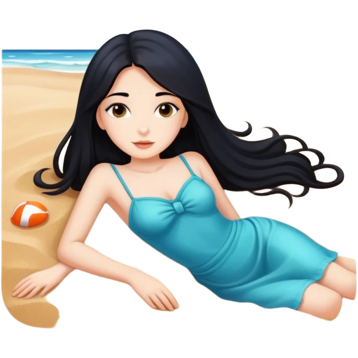 beautiful girl with black long hair lies on the sea beach emoji