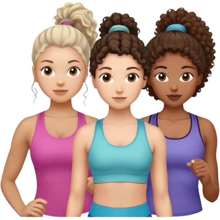 three women friends exercising together, one black woman with curly brown hair, one pale white woman with curly brown hair, and one white woman with straight brown hair in a ponytail emoji