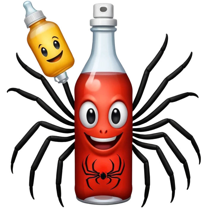 wesoły śmieszny pająk z butelka jadu i podpisem cześć emoji