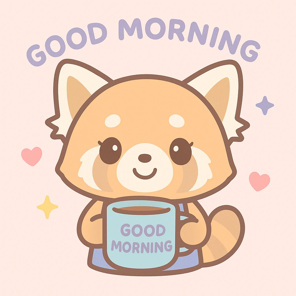 Aggretsuko red panda smiling holding a coffee cup with 'Good Morning' text, kawaii style emoji