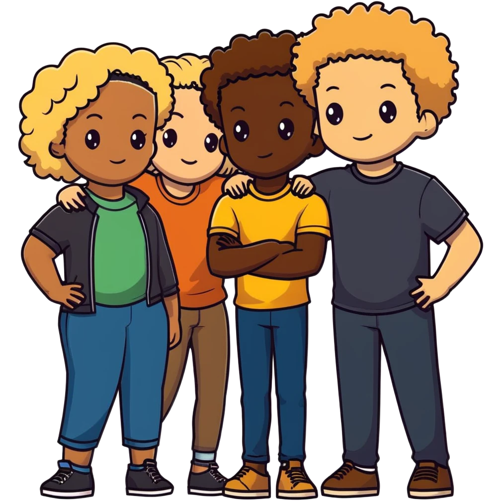 Group of diverse friends standing together, including a dark-skinned boy, a light-skinned blonde boy, a light-skinned girl with dark hair, a mixed-race girl with brown hair, a light-skinned person with curly hair, a mixed-race person with dark curly hair, and in the center a mixed-race person with wavy hair emoji