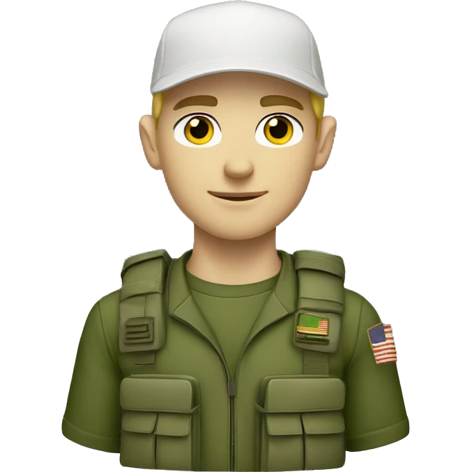 White boy gamer wearing airpods, wearing a military green cap emoji