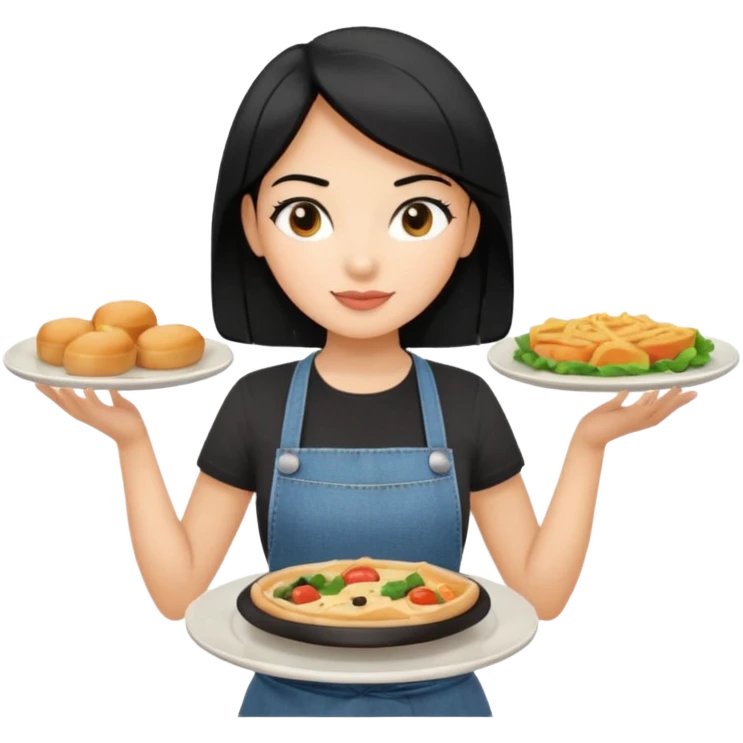 waitress with black hair and a food plate with a black tshirt and ª jeans apron. with a bigger plate and the plate with a tapa emoji