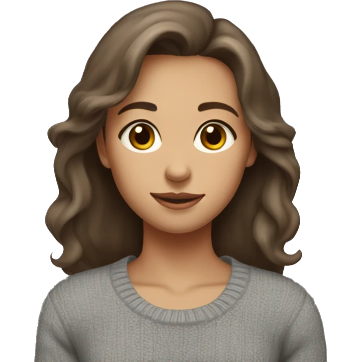 a girl with medium-length brown hair, brown eyes, wearing a gray tight-fitting sweater, with a small smile, emoji