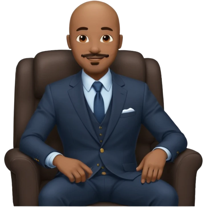 Black man, bald, in a suit, sitting on a chair in the office, goatee mustache emoji
