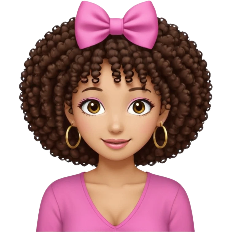 Naturally tan skin girl short darkBrown curly afropink shirt very long lashes hoop gold earrings Brown eyes gyaru smiling closed mouth cute bow hairclip small on the side. V neck pink shirt emoji