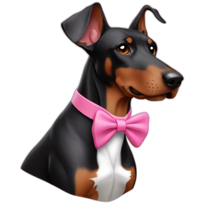 3 doberman one white with pink bow tie on the neck one black one brown emoji