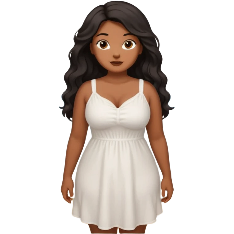 Curvy woman with brown skin with long wavy black hair, brown eyes. She's wearing a white cotton dress standing on a beach emoji