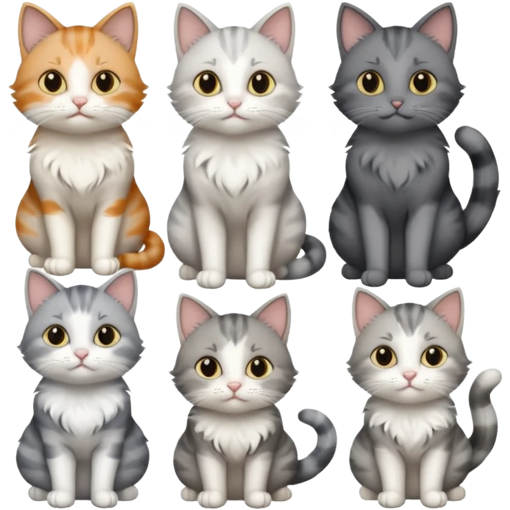 6 realistic looking cats with different natural coloured coats, assorted grey and white, greys, calicos etc
 emoji