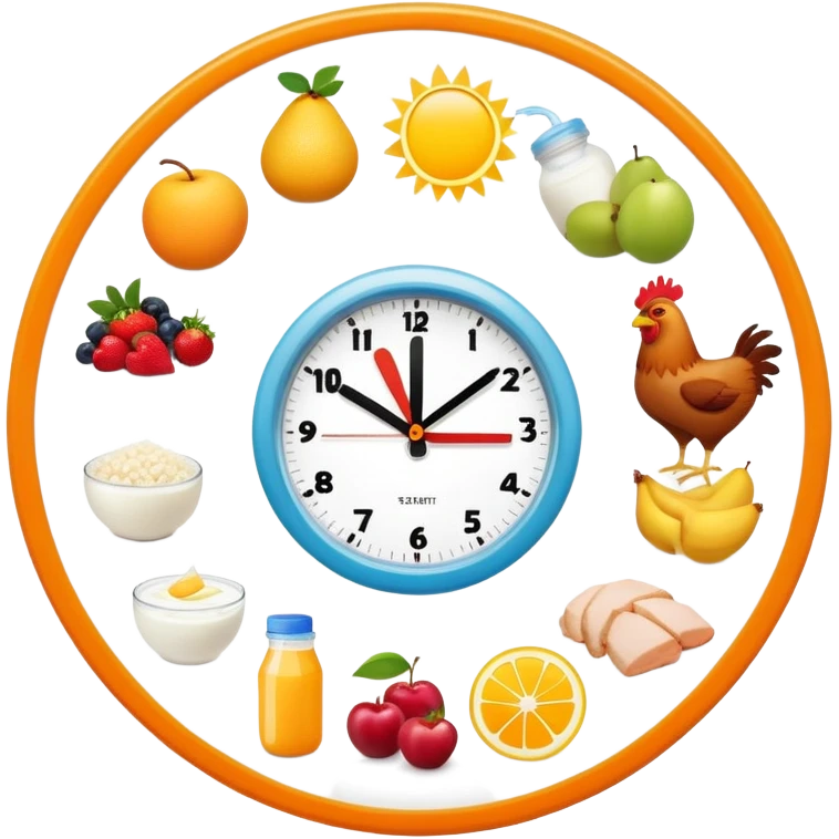 Daily fitness nutrition schedule with water bottle, sun, chicken and rice plate, gym equipment, yogurt, fruit, and sleep symbol arranged in a circle like a clock emoji