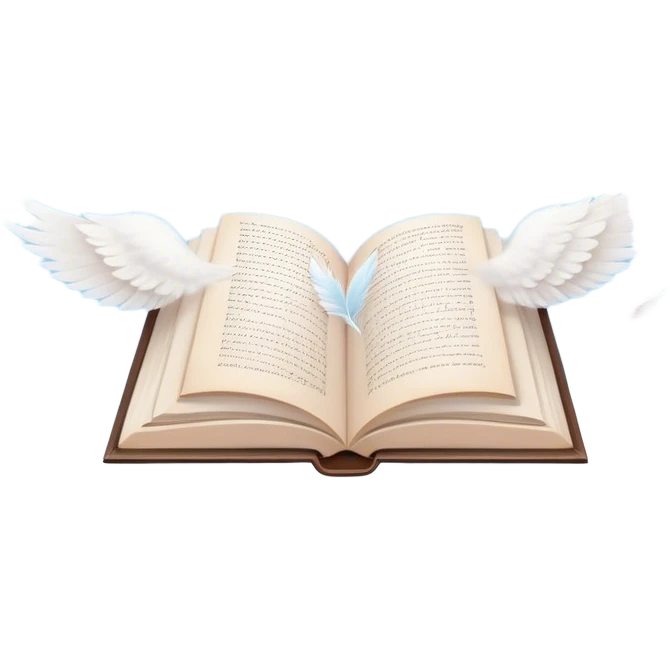 Create a dreamy, poetic emoji representing poetry. The design should feature several elegantly flying pages with poetic lines written on them, surrounded by fluffy, soft clouds. White birds should be flying out from the clouds, creating a sense of freedom and inspiration. The pages and a white feather should symbolize creativity and poetic flow. Use pastel tones like light blues, purples, and creams for the pages and background, while the clouds should be soft and ethereal. The overall design should feel whimsical, serene, and full of poetic charm. Make the background transparent. emoji