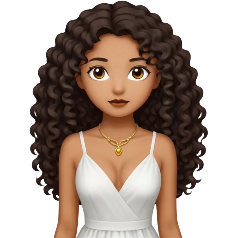 Dark tanned skin girl with very dark brown very long curly hair, very dark Asian eyes, white dress at neckline  emoji