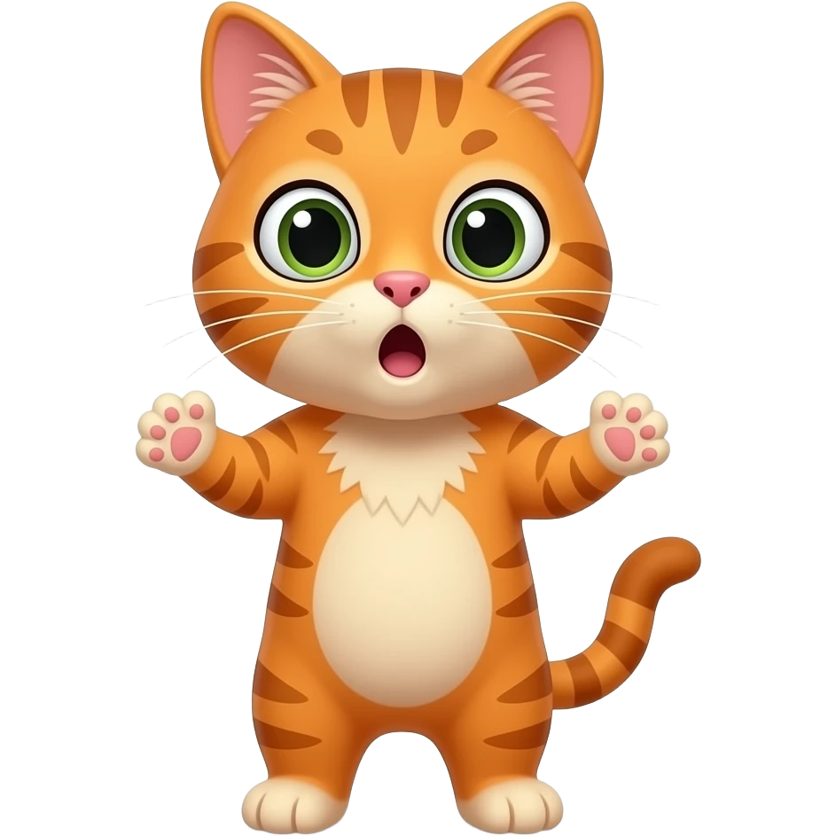 A little orange cat standing up, with legs and arms like a little person, looking very surprised. All his body ia orange. emoji