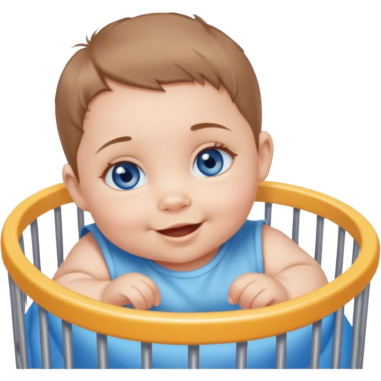 Blue-eyed baby girl with short light brown hair, chubby cheeks, mischievous smile in playpen  emoji