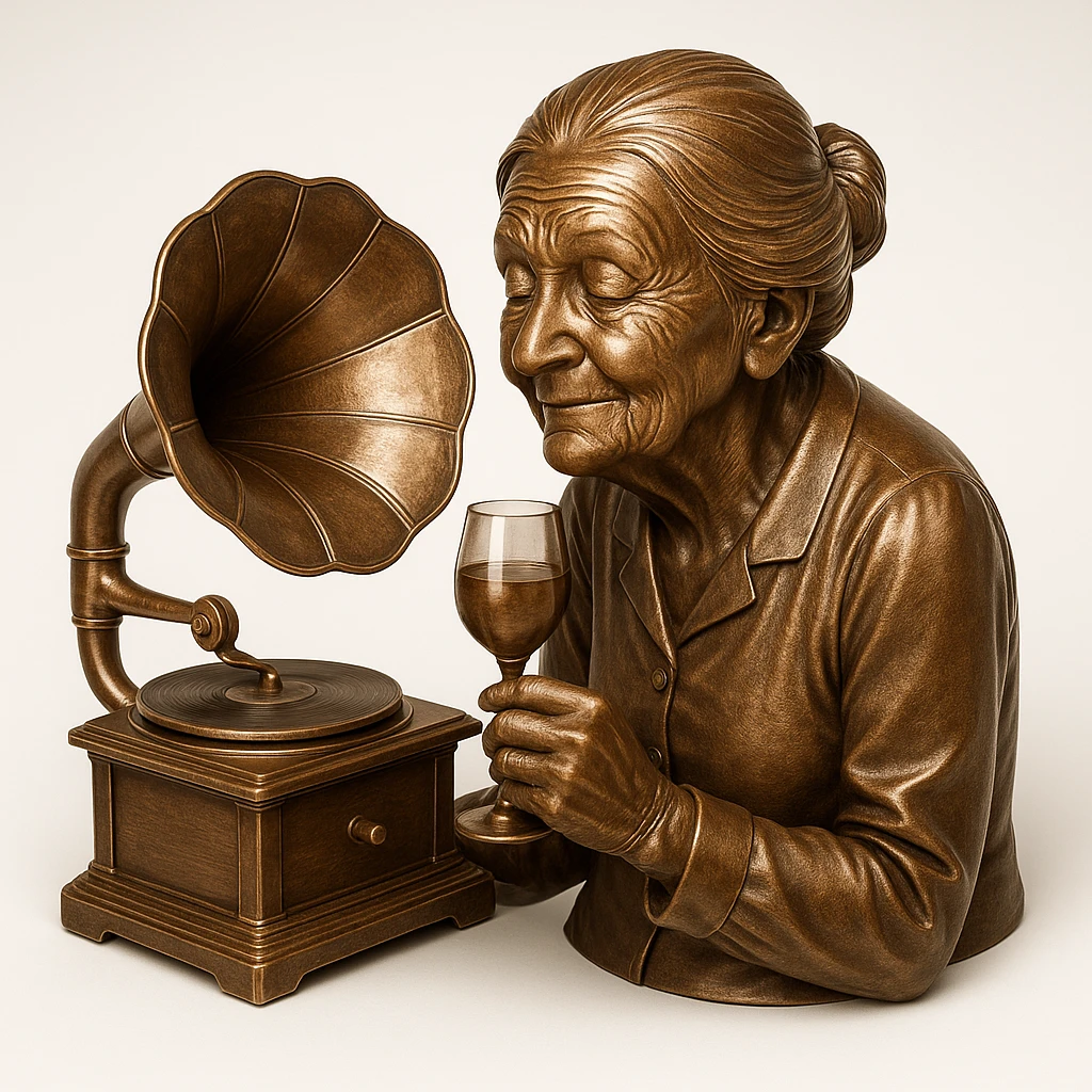old lady with wineglass listening to gramophone emoji
