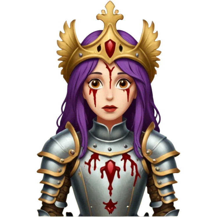 realistic cinematic actress Cher in baroque styling like Joan of Orleans dirty bloody damaged armor in a forest emoji