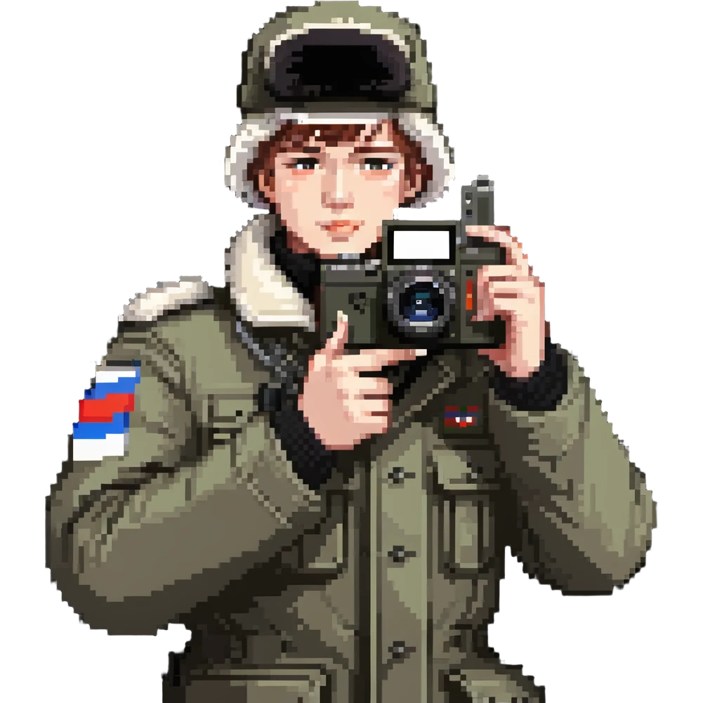 Russian army blogger in an ushanka and vatnik, with a camera or phone emoji