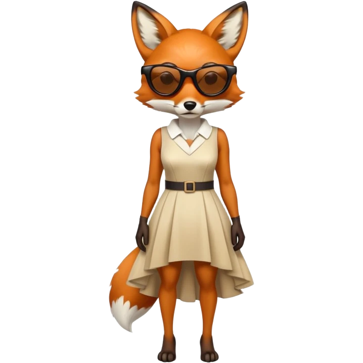serious anthropomorphised female fox in stylish dress with sunglasses, full-body view emoji
