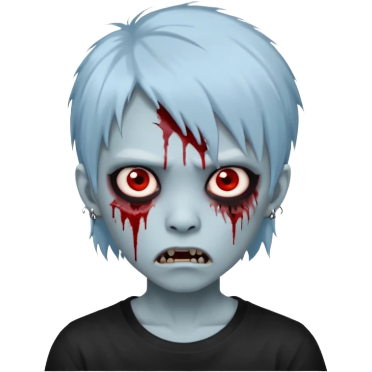  3D emoji-style avatar with very pale blue-grey zombie skin , a young Asian face, and large eyes with blood tears. Give it white litle bit messy mullet hair style , silver hoop earrings, and a plain black T-shirt. The face expression should be slightly angry, with vampire fang emoji