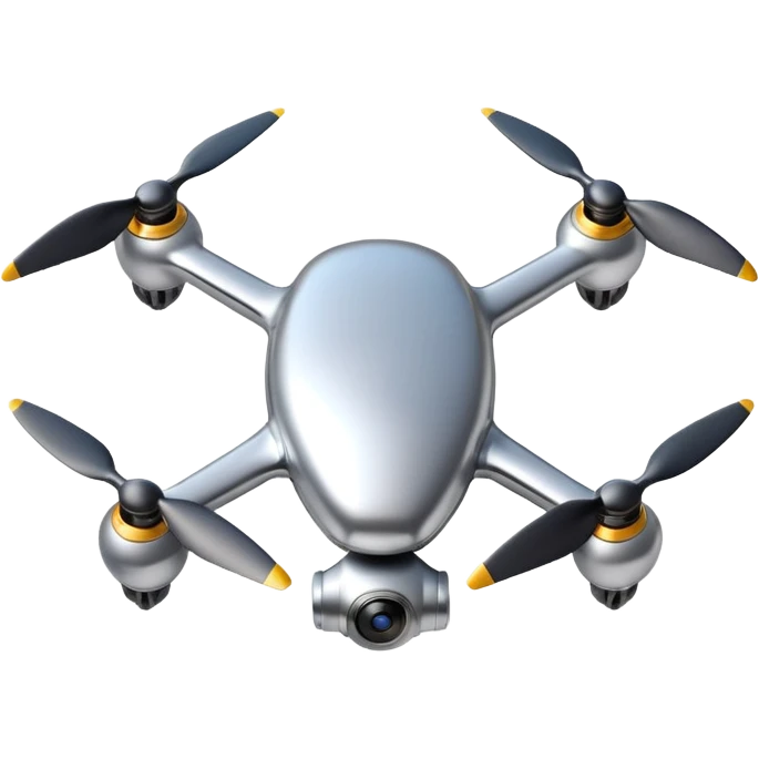 A futuristic drone emoji made of polished silver chrome, smooth rounded body, minimal propellers, reflective metallic surface, soft studio lighting, iOS emoji style, centered, clean white background emoji