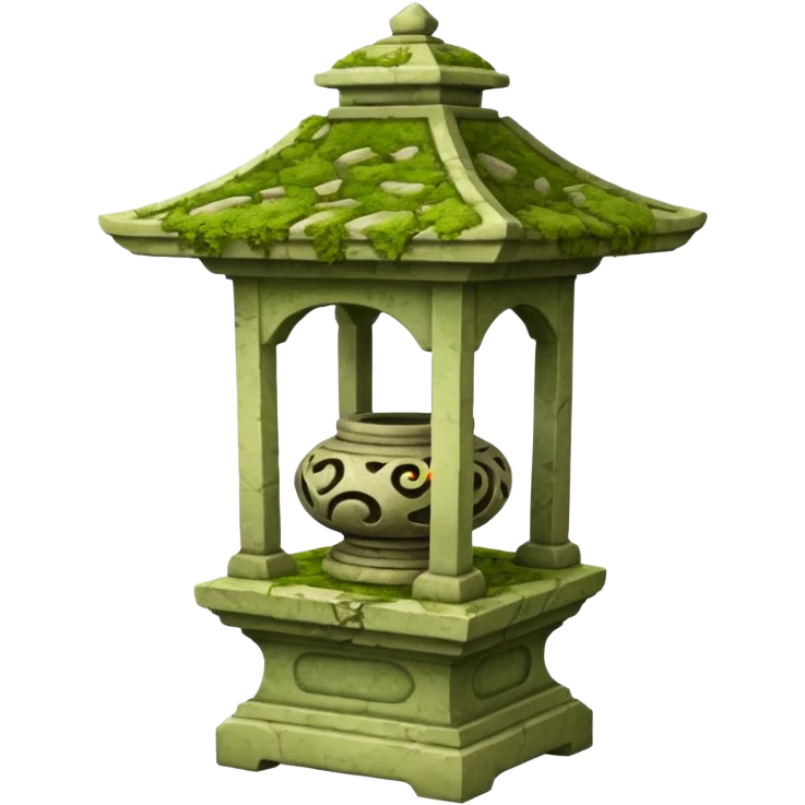 Stone Lantern – Carved lantern on pedestal, moss-covered. emoji
