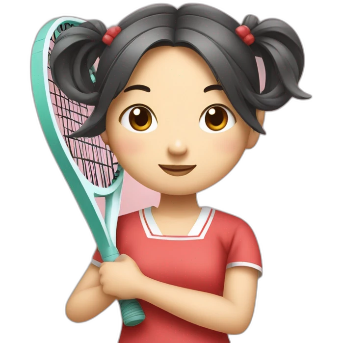 a little chinese girl with two pig tails hair style hugging a tennis racket to her chest in paper art style emoji